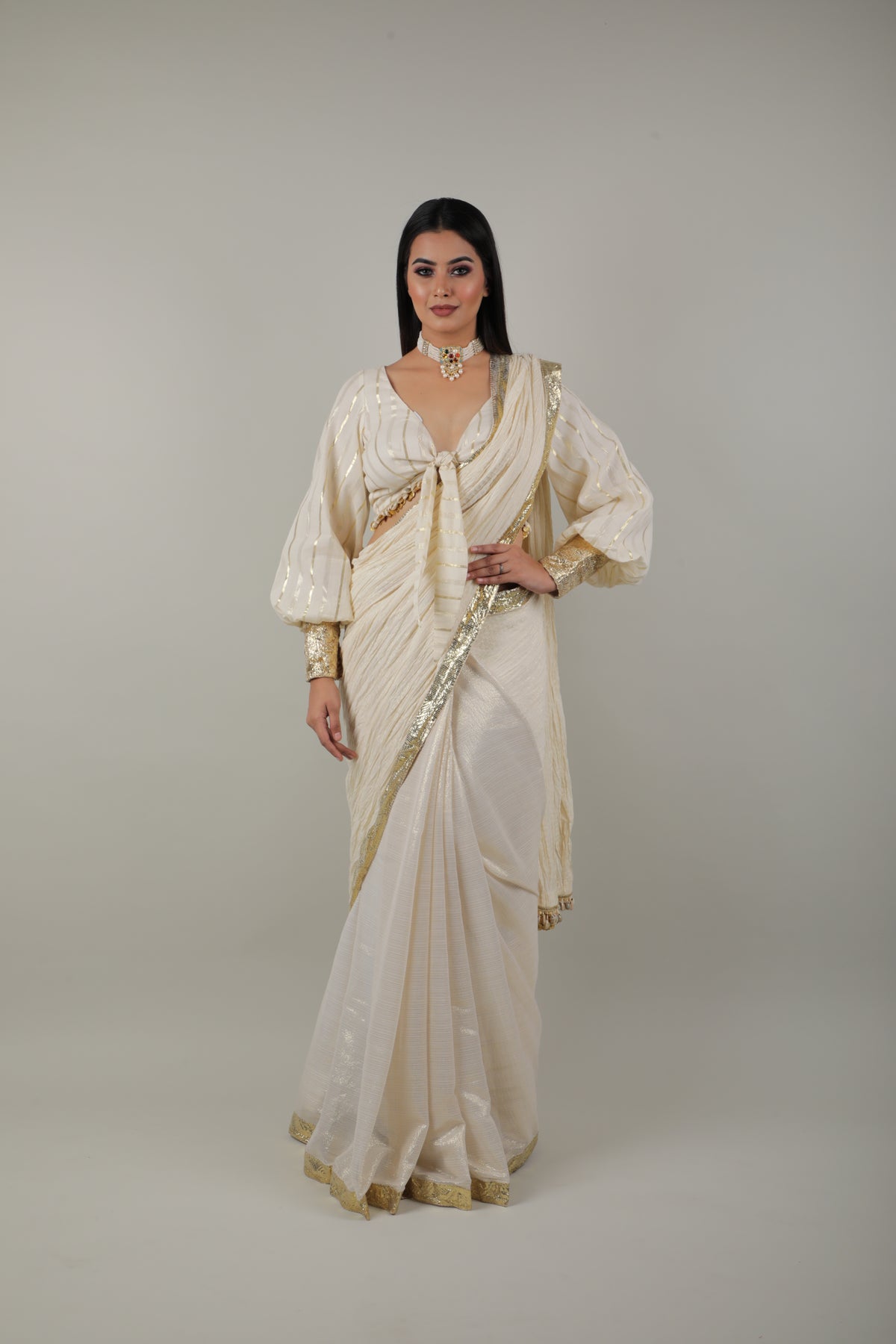 White & Gold Embroided Saree Set-   AVSR 7