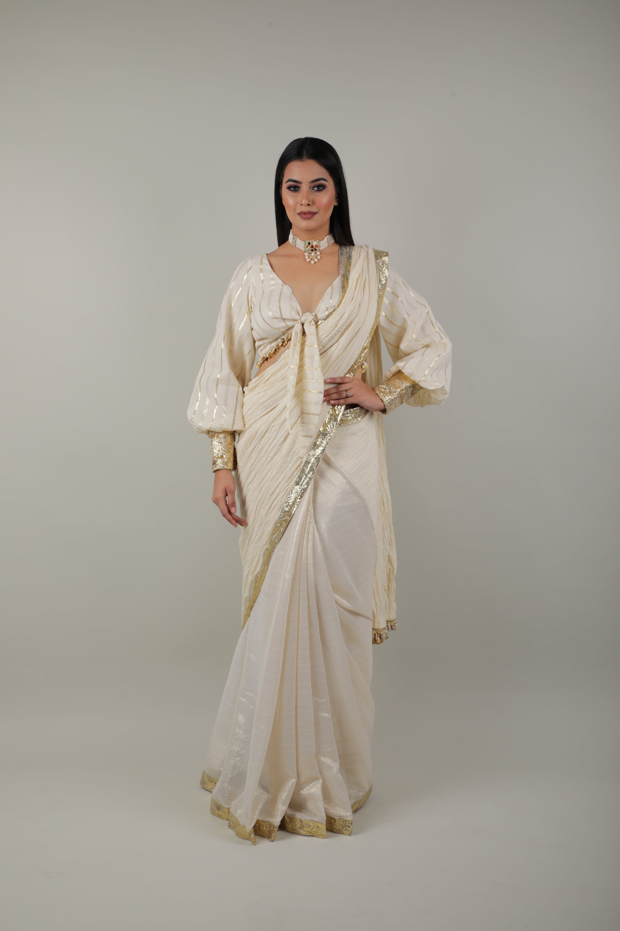 White & Gold Embroided Saree Set-   AVSR 7