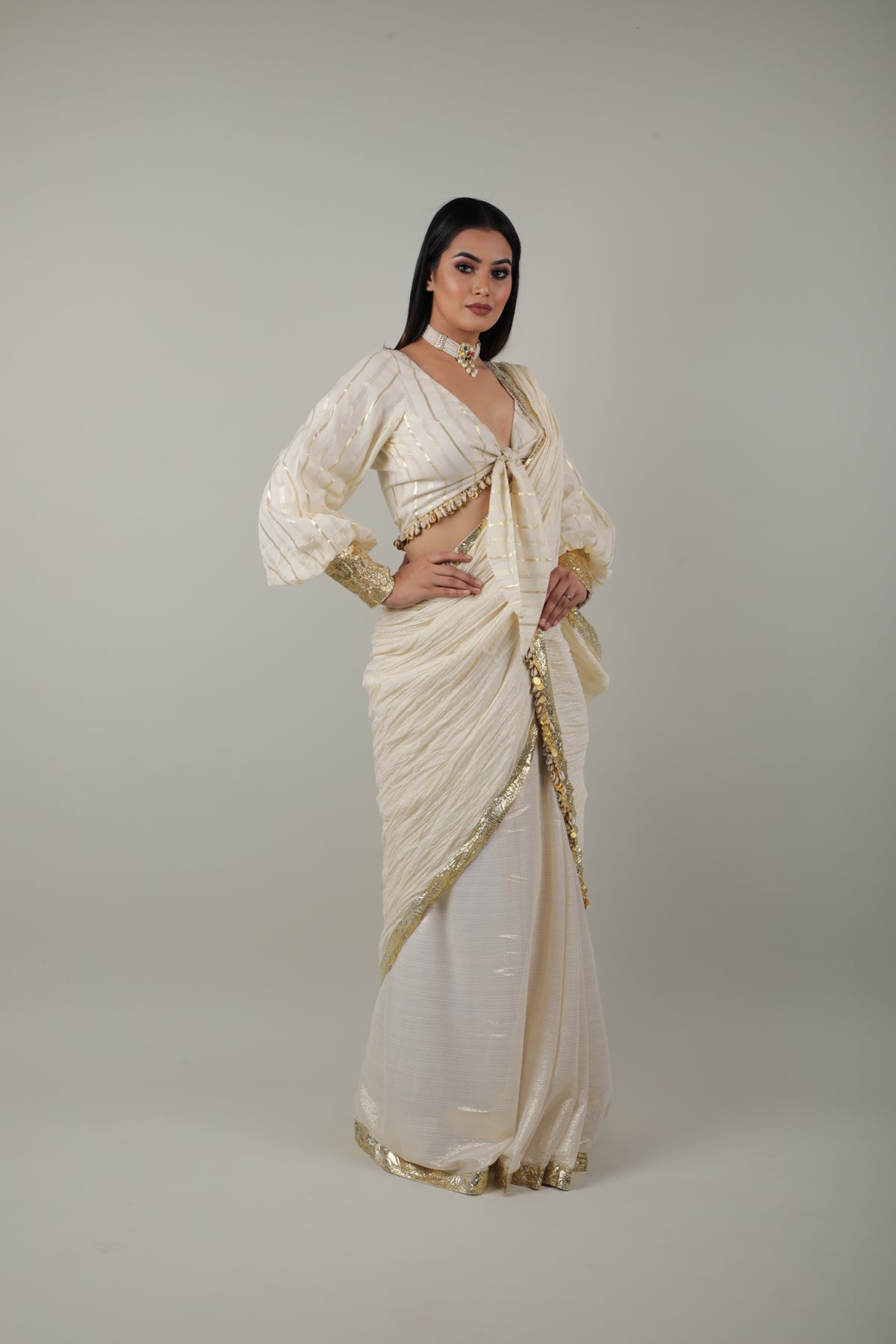 White & Gold Embroided Saree Set-   AVSR 7