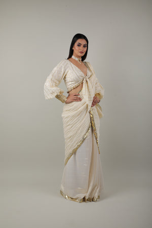 White & Gold Embroided Saree Set-   AVSR 7