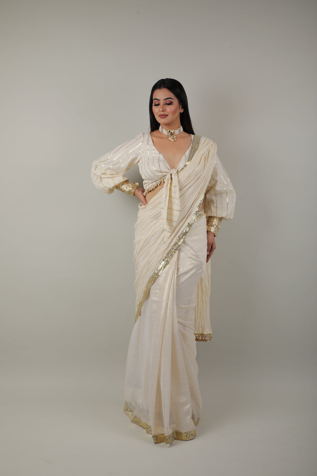 White & Gold Embroided Saree Set-   AVSR 7