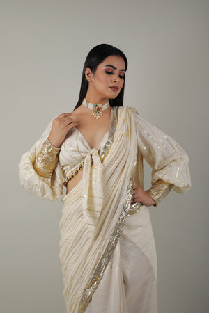White & Gold Embroided Saree Set-   AVSR 7