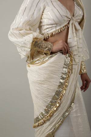 White & Gold Embroided Saree Set-   AVSR 7