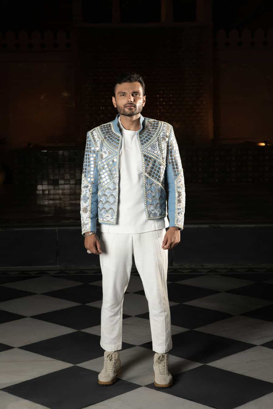 Embellished pearl denim blazer-   PS 15