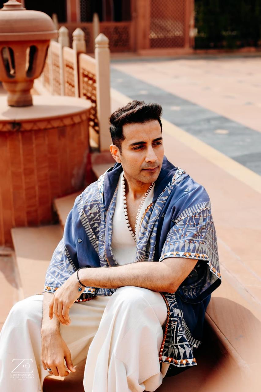 White khadi kurta with khadi carrot pant & kimono jacket-   AWP1384