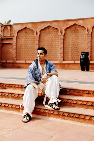 White khadi kurta with khadi carrot pant & kimono jacket-   AWP1384
