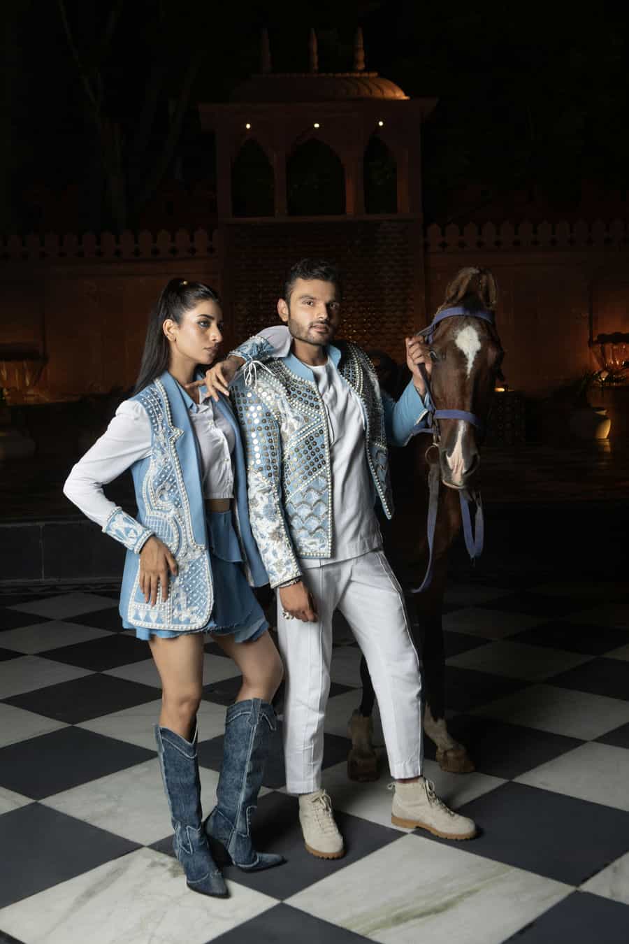 Embellished pearl denim blazer-   PS 15