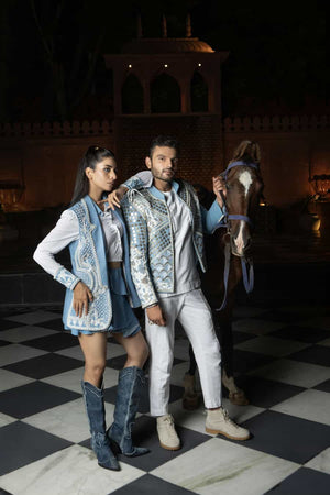 Embellished pearl denim blazer-   PS 15
