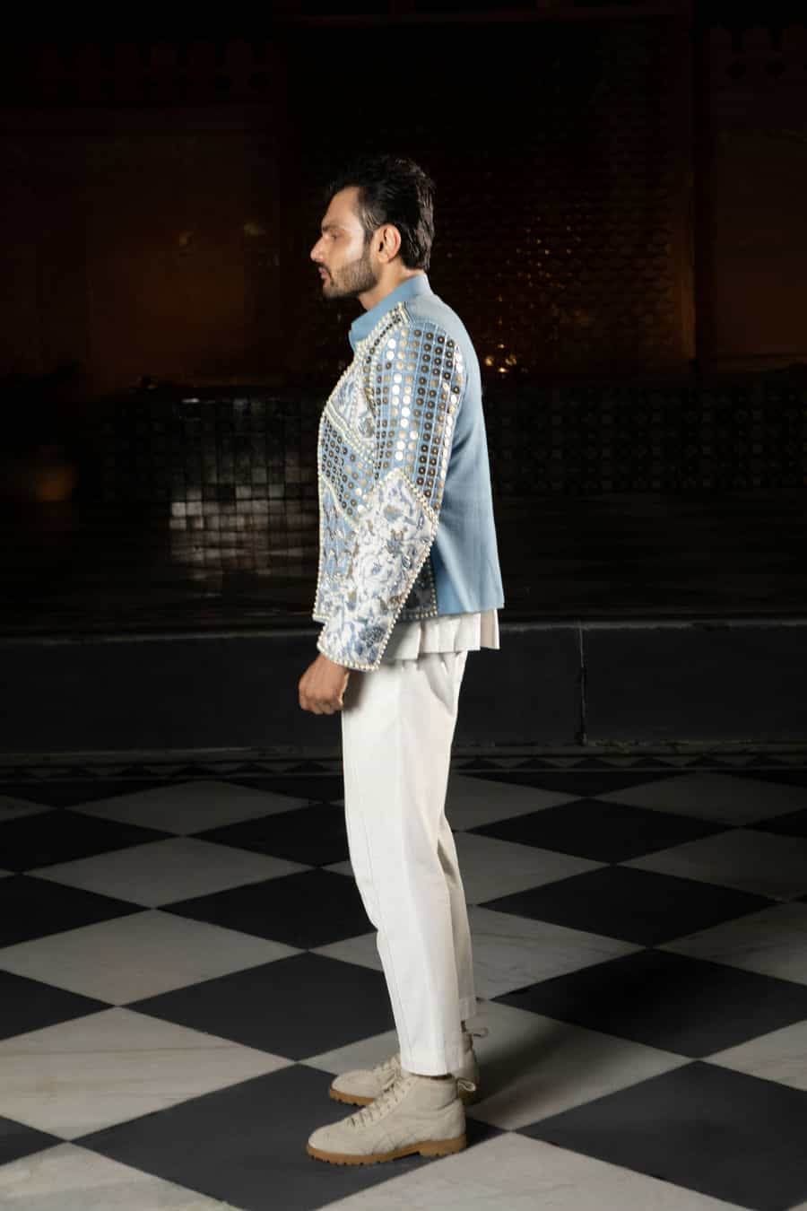 Embellished pearl denim blazer-   PS 15