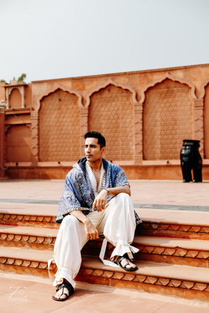 White khadi kurta with khadi carrot pant & kimono jacket-   AWP1384