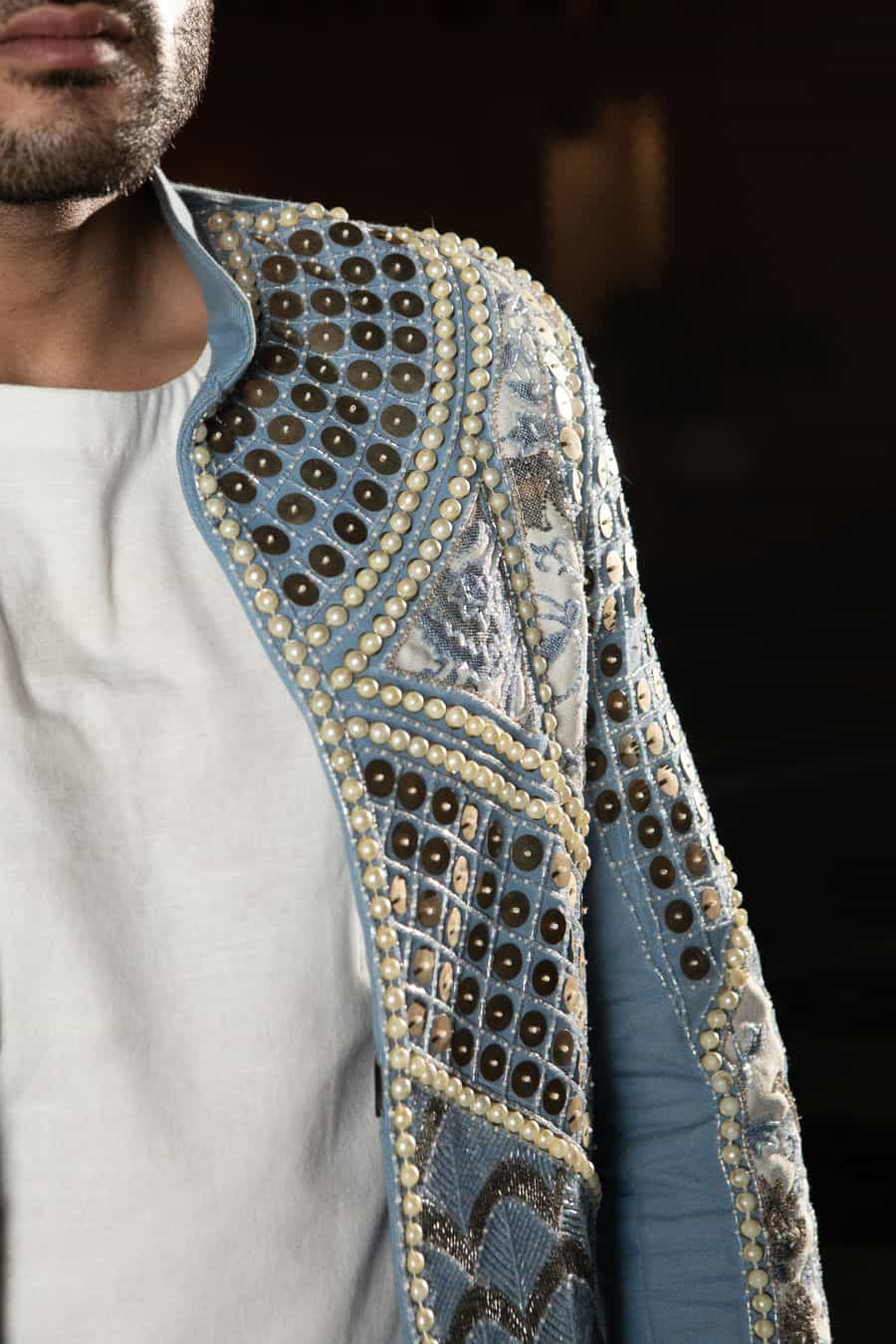 Embellished pearl denim blazer-   PS 15