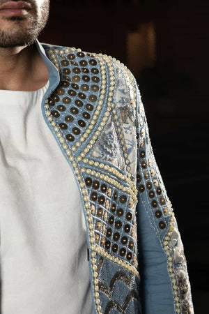 Embellished pearl denim blazer-   PS 15