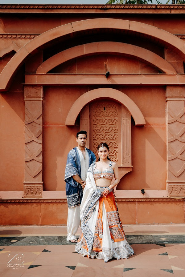 White khadi kurta with khadi carrot pant & kimono jacket-   AWP1384