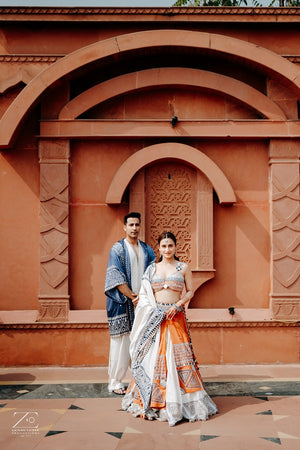 White khadi kurta with khadi carrot pant & kimono jacket-   AWP1384