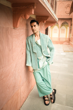 Green knite lyra jacket with linen paints & silk kurta-   AWP136