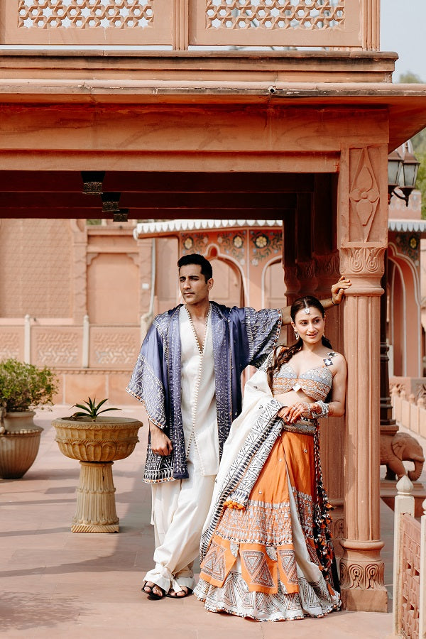 White khadi kurta with khadi carrot pant & kimono jacket-   AWP1384