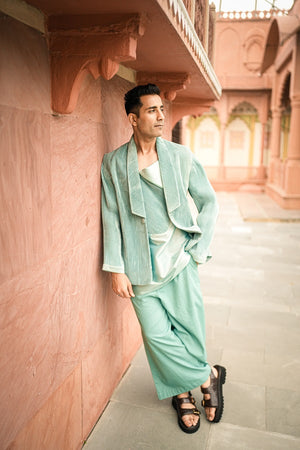 Green knite lyra jacket with linen paints & silk kurta-   AWP136