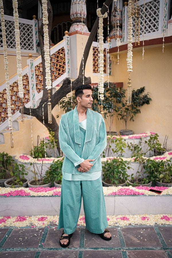 Green knite lyra jacket with linen paints & silk kurta-   AWP136