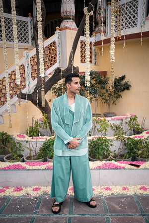 Green knite lyra jacket with linen paints & silk kurta-   AWP136