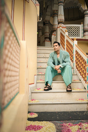 Green knite lyra jacket with linen paints & silk kurta-   AWP136