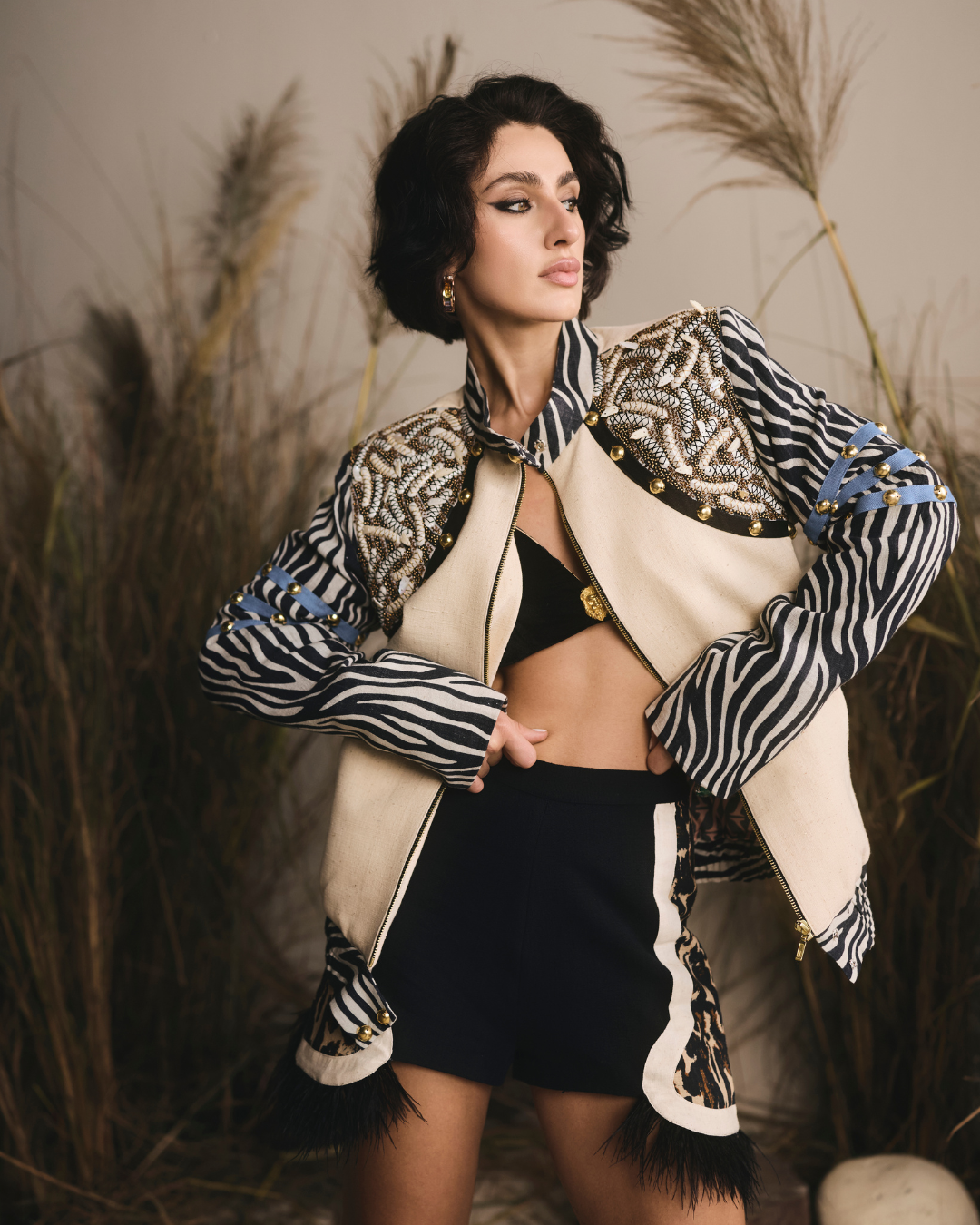 Zebra Print Khadi Jacket With Bikini And Shorts