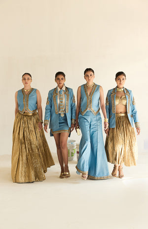 DENIM BLAZER GOLD BUSTIER WITH DENIM CARGO PANTS -   DD 11