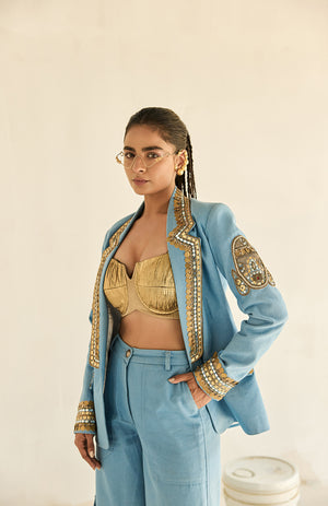DENIM BLAZER GOLD BUSTIER WITH DENIM CARGO PANTS -   DD 11