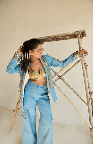 DENIM BLAZER GOLD BUSTIER WITH DENIM CARGO PANTS -   DD 11