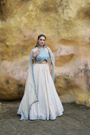 devi drape ivory mal lehanga with denim halter neck embellished blouse And ivory kota doria embellished dupatta  -   DD 30