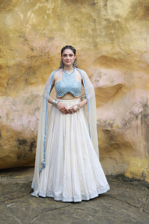 devi drape ivory mal lehanga with denim halter neck embellished blouse And ivory kota doria embellished dupatta  -   DD 30