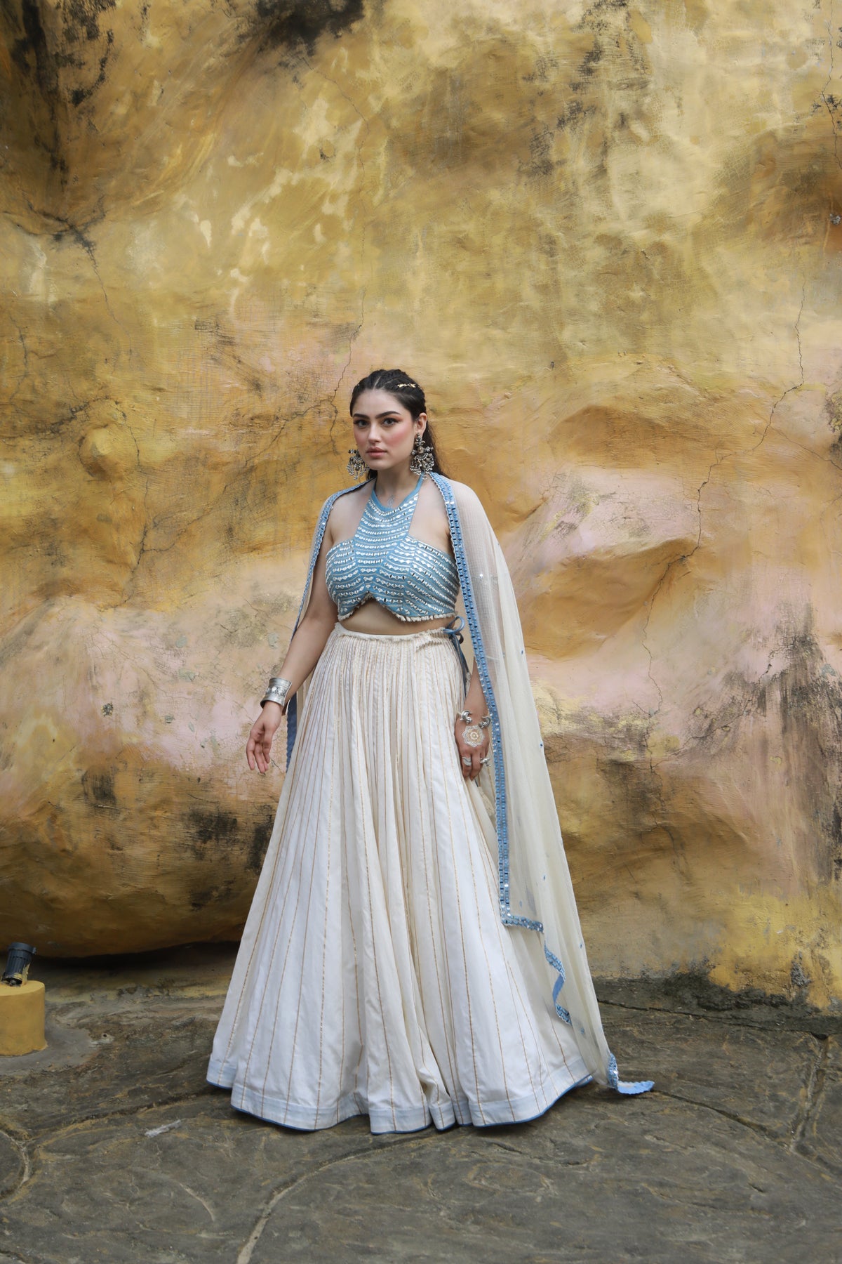 devi drape ivory mal lehanga with denim halter neck embellished blouse And ivory kota doria embellished dupatta  -   DD 30
