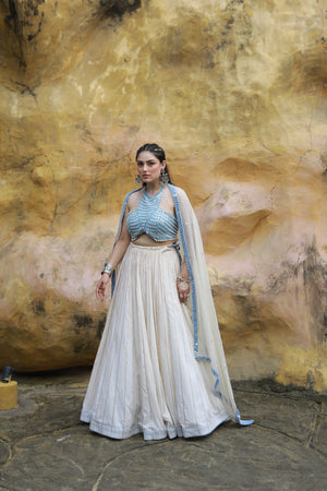 devi drape ivory mal lehanga with denim halter neck embellished blouse And ivory kota doria embellished dupatta  -   DD 30
