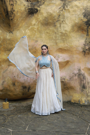 devi drape ivory mal lehanga with denim halter neck embellished blouse And ivory kota doria embellished dupatta  -   DD 30