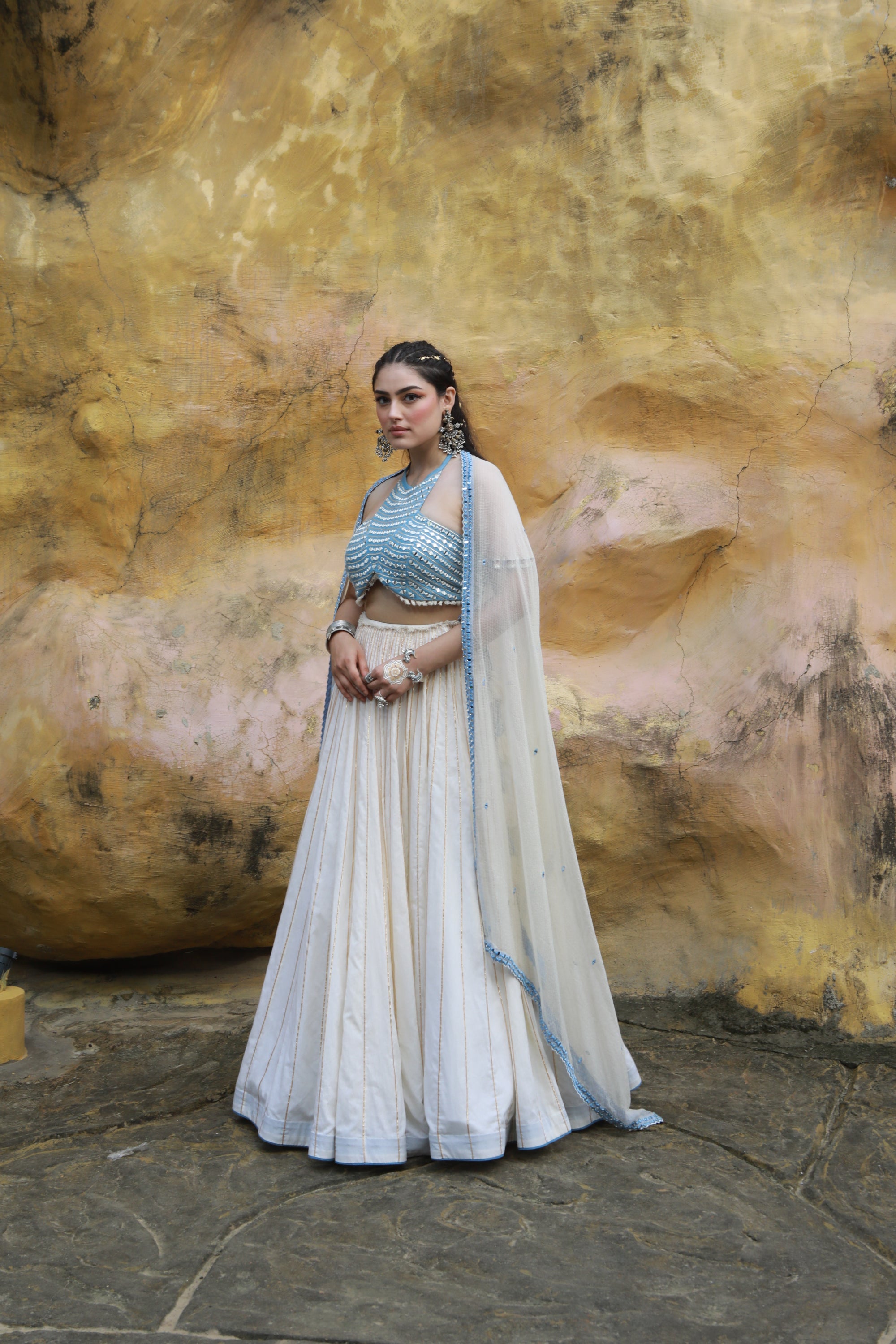 devi drape ivory mal lehanga with denim halter neck embellished blouse And ivory kota doria embellished dupatta  -   DD 30