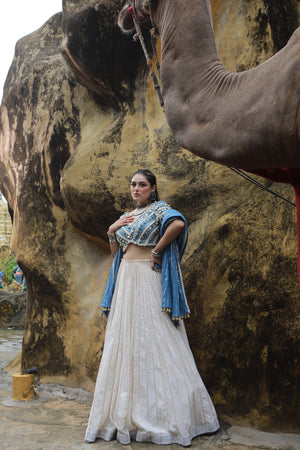 devi drape ivory mal lehenga with denim lace embellished blouse And denim blue crushed dupatta -   DD 33
