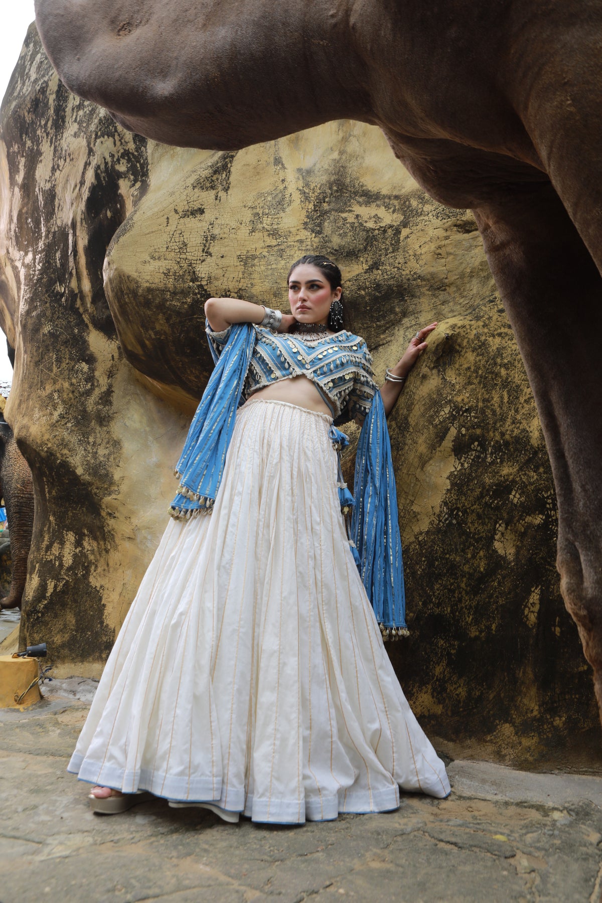 devi drape ivory mal lehenga with denim lace embellished blouse And denim blue crushed dupatta -   DD 33