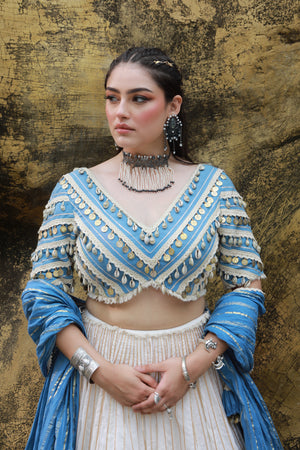 devi drape ivory mal lehenga with denim lace embellished blouse And denim blue crushed dupatta -   DD 33