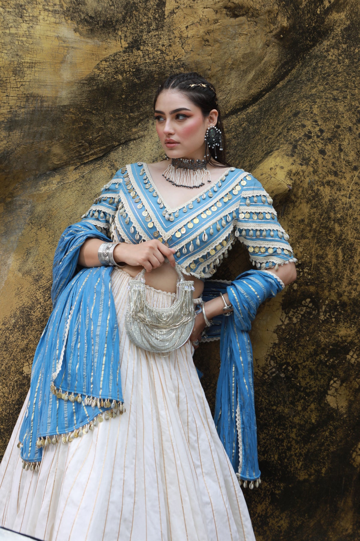 devi drape ivory mal lehenga with denim lace embellished blouse And denim blue crushed dupatta -   DD 33
