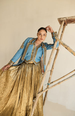 DENIM BLAZER AND  WAIST COAT AND SILK JECQUARD CRUSHED LEHANGA  -   DD 10