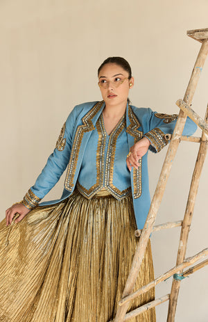 DENIM BLAZER AND  WAIST COAT AND SILK JECQUARD CRUSHED LEHANGA  -   DD 10