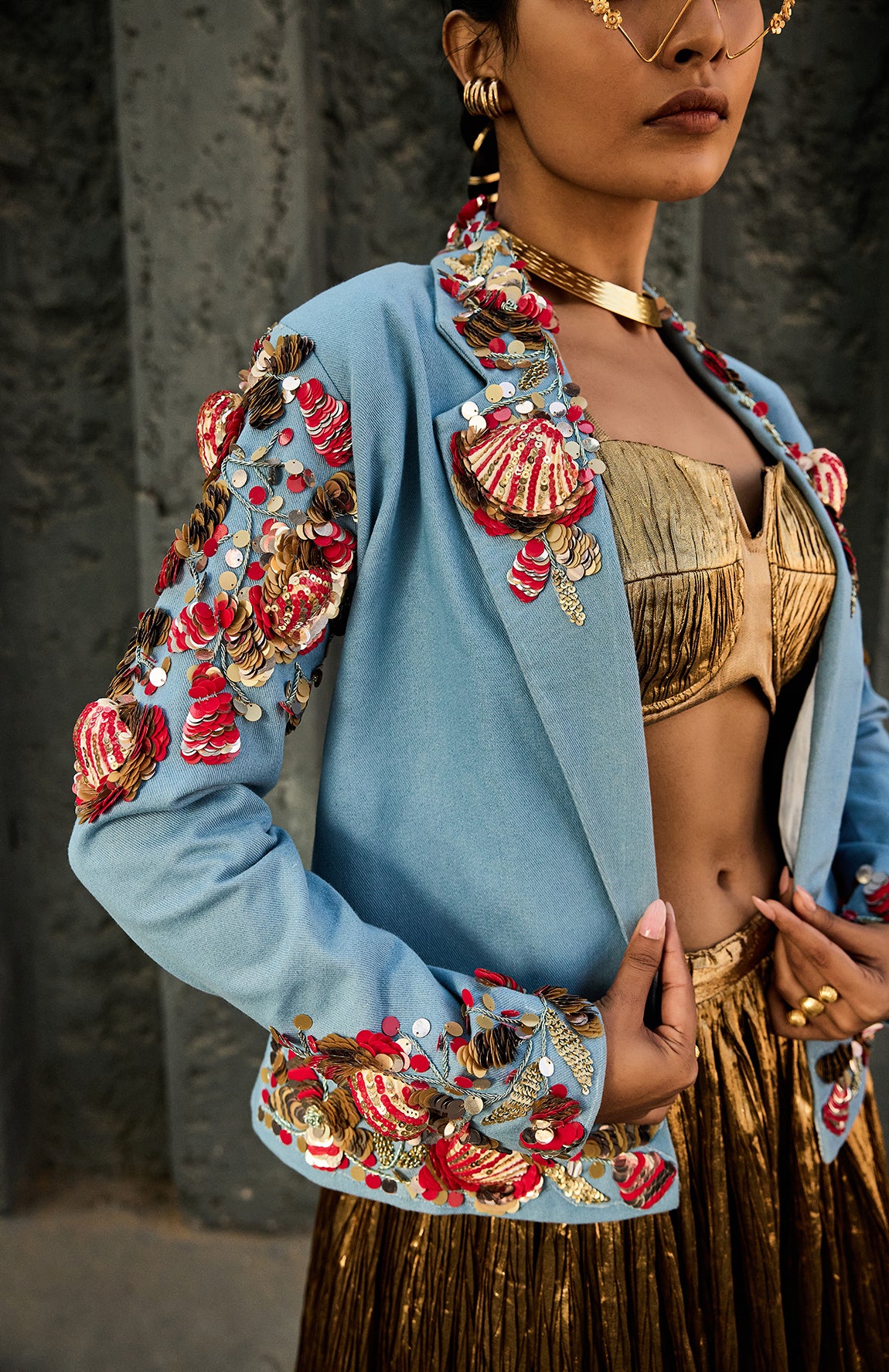 DENIM BLAZER SILK JACQUARD BUSTIER CRUSHED SKIRT -   DD 15
