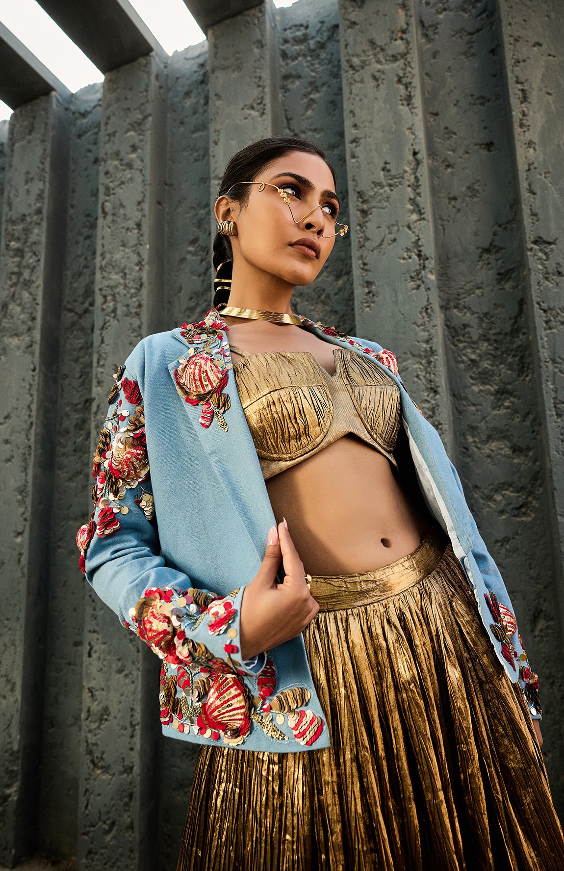 DENIM BLAZER SILK JACQUARD BUSTIER CRUSHED SKIRT -   DD 15