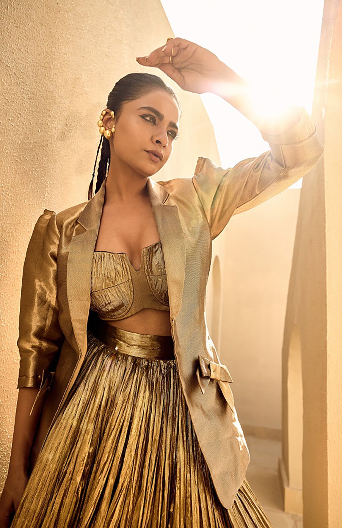 GOLD SILK JACQUARD JACKET WITH GOLD BUSTIER AND GOLD LEHANGA-   DD 16