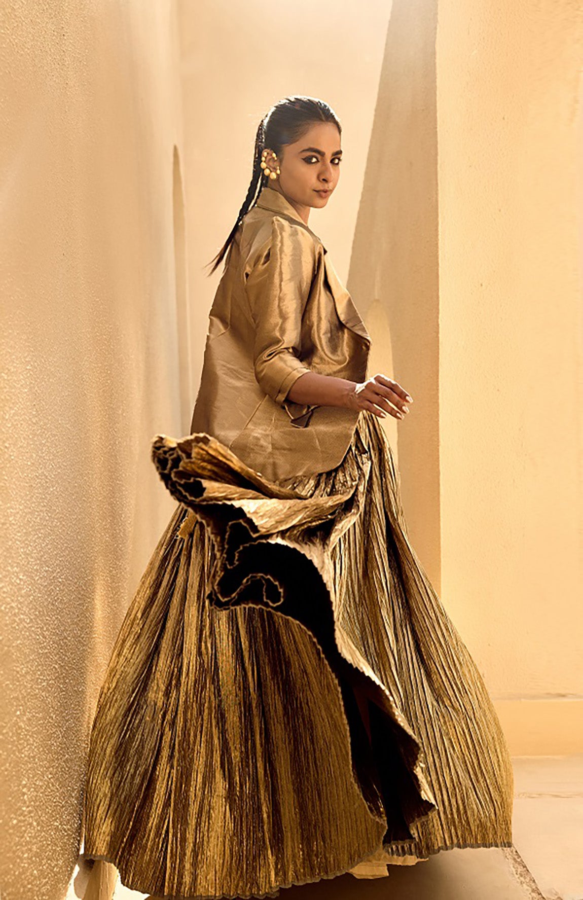 GOLD SILK JACQUARD JACKET WITH GOLD BUSTIER AND GOLD LEHANGA-   DD 16
