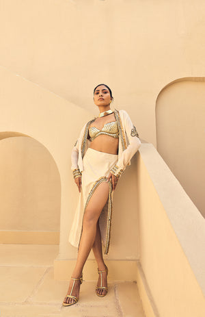 IVORY SATIN ORGANZA EMBELLISHED JACKET WITH SKIRT AND SEQUENCE  WORK BRALETTE -   DD 01