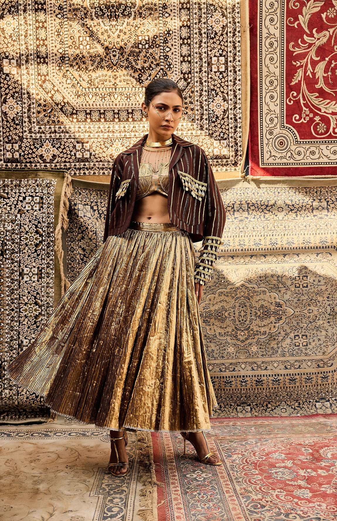 COTTON BROWN  JACKET  SILK JACQUARD BUSTIER CRUSHED SKIRT -   DD 05