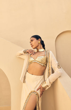 IVORY SATIN ORGANZA EMBELLISHED JACKET WITH SKIRT AND SEQUENCE  WORK BRALETTE -   DD 01