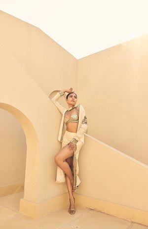 IVORY SATIN ORGANZA EMBELLISHED JACKET WITH SKIRT AND SEQUENCE  WORK BRALETTE -   DD 01