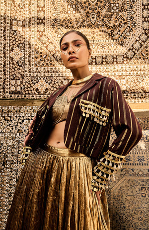 COTTON BROWN  JACKET  SILK JACQUARD BUSTIER CRUSHED SKIRT -   DD 05