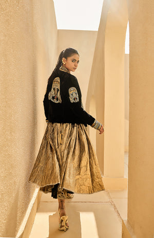 VELVET JACKET SILK JACQUARD BUSTIER CRUSHED SKIRT -   DD 06